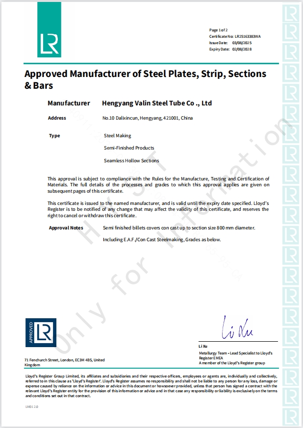 Lloyd Certificate for Billets of Carbon-Manganese & Alloy Steel Pipes