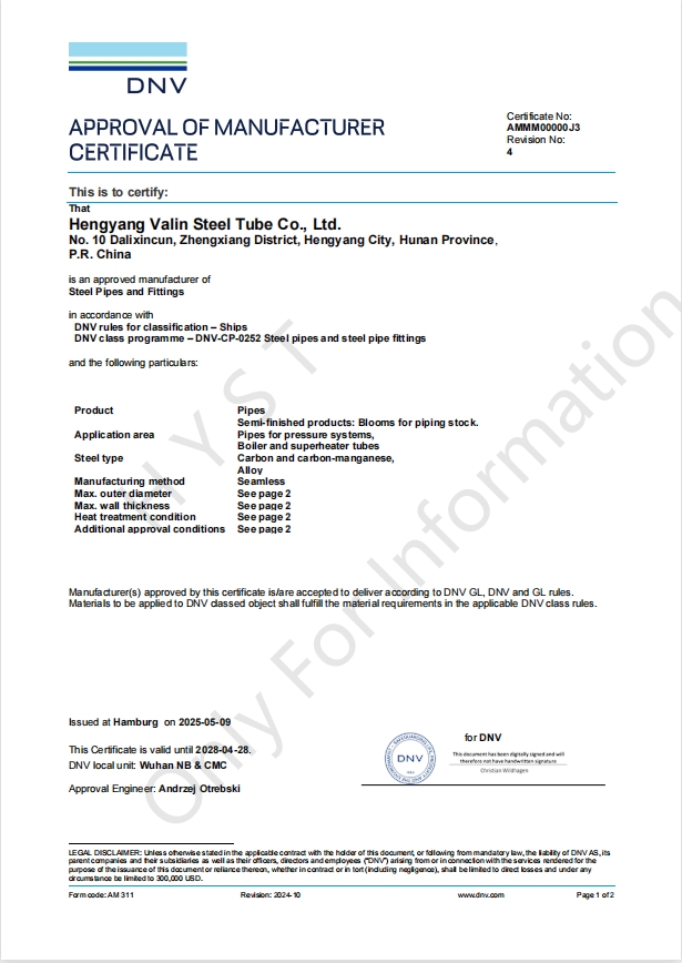 DNV Certificate for Fluid  Pipes